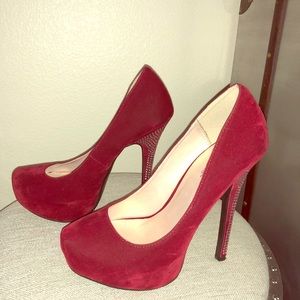 Red and silver suede heels